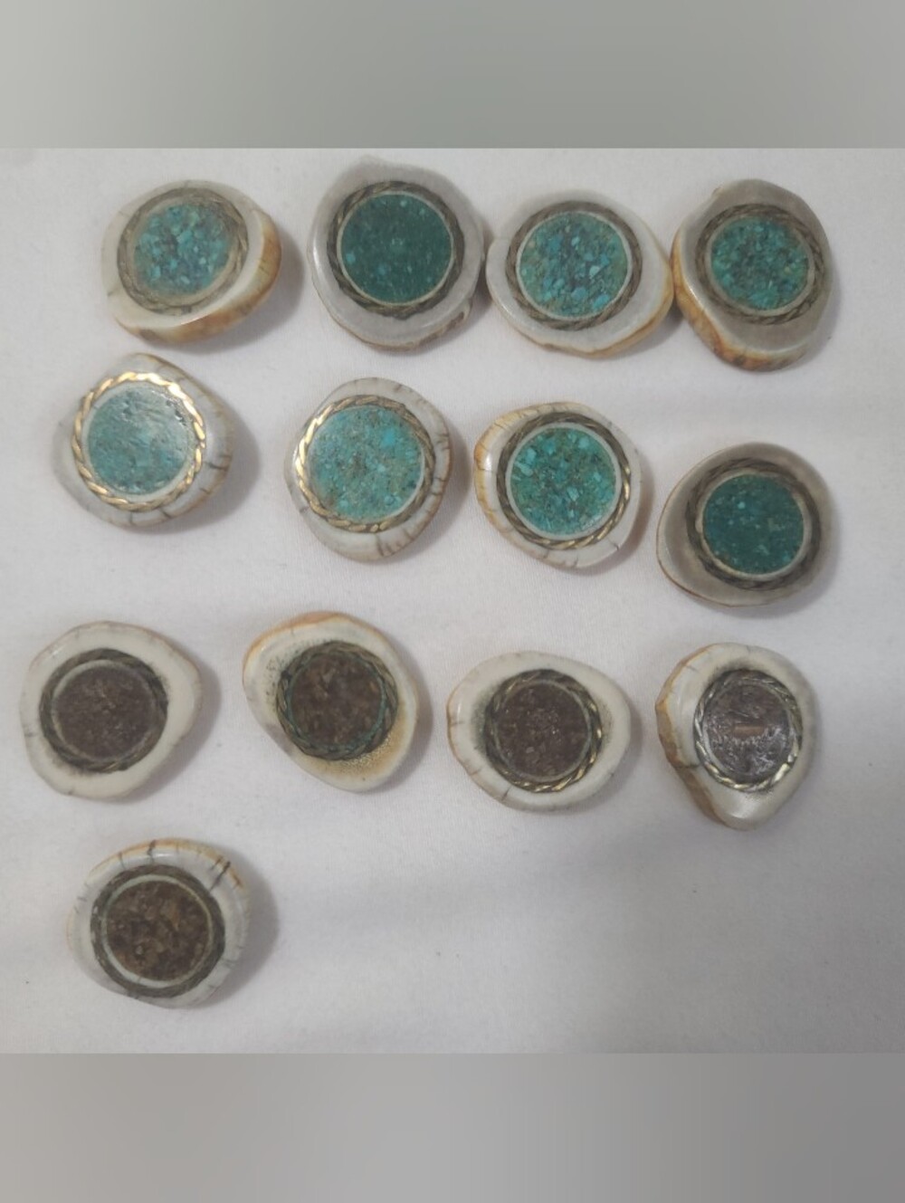 Handcrafted Antler Buttons With Crushed Stone and Brass Inlay 13 Buttons Lot